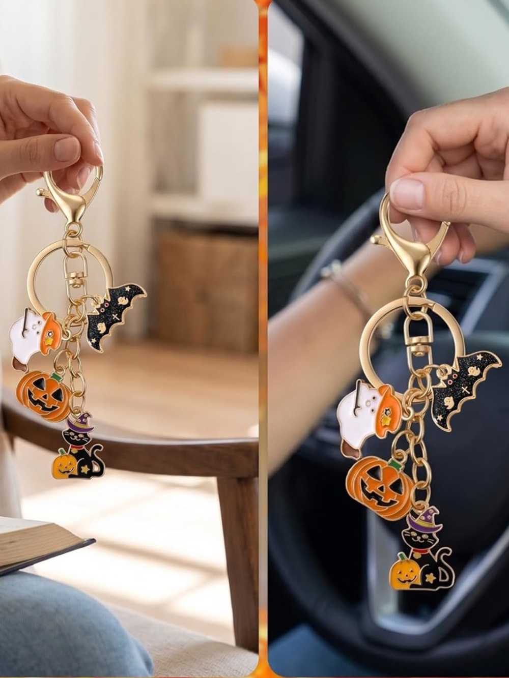 Halloween Charm Keychain - Gold Tone with Orange, Black, White Charms - Picture 5 of 6